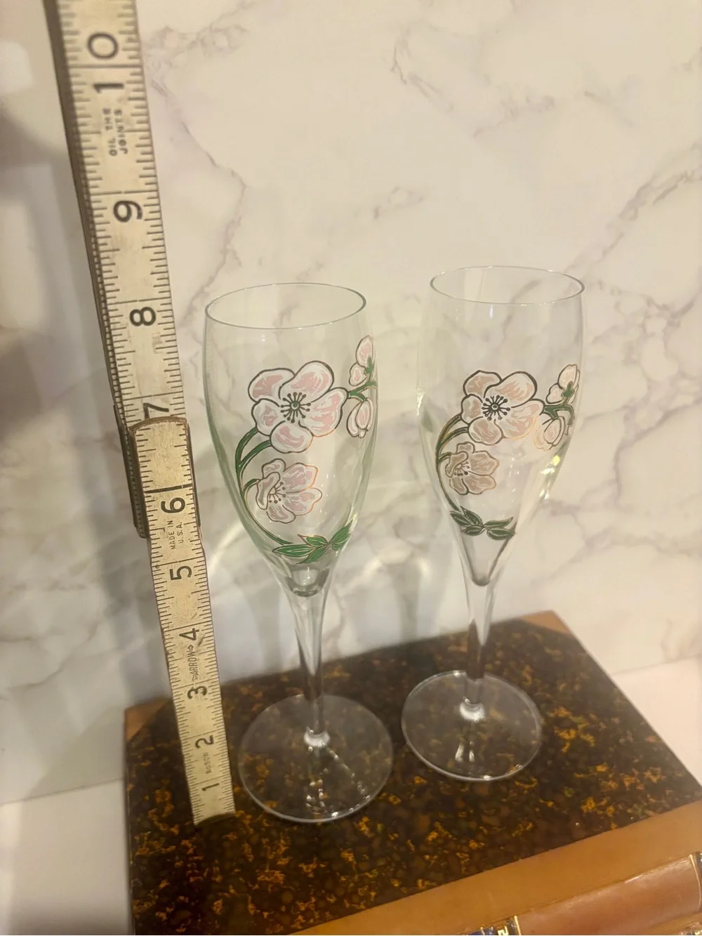 Pair of Pierre Jouette Hand-Painted Champagne Flutes – Pink & Green Florals